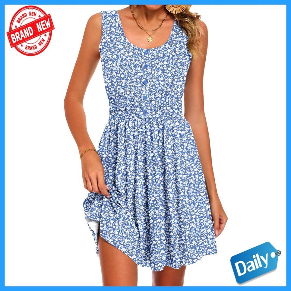 Sleeveless Button Down Dress Elastic Empire Waist Smocked Mini Casual